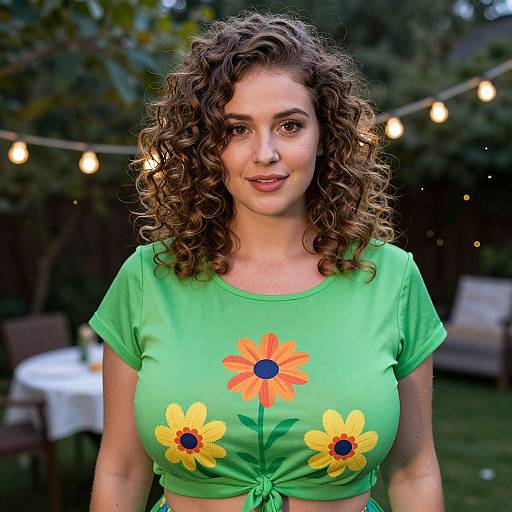 Photograph of a curly-haired woman with fair skin, wearing a green crop top with yellow and orange flower embroidery, standing outdoors under string lights at dusk