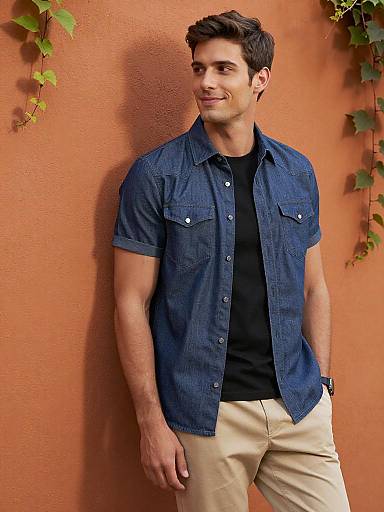 Young Man in Denim Shirt Outdoors