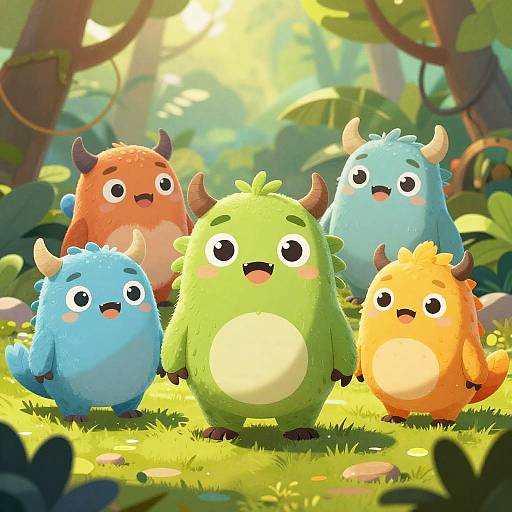 Cute digital illustration of five chubby, horned, fluffy creatures in a sunny forest, standing on grass with sunlight filtering through trees.