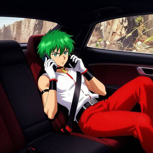 Digital anime-style drawing of a green-haired, green-eyed man with white shirt, red pants, and black gloves, reclining in a car, talking