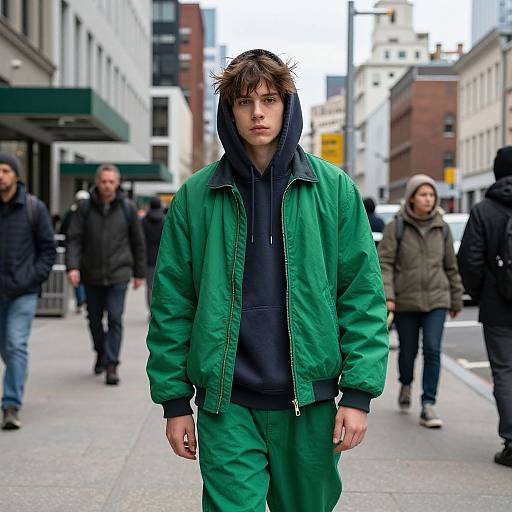 Photograph of a young man with disheveled brown hair, wearing a green bomber jacket and matching pants, standing in an urban street with blurred pedestrians