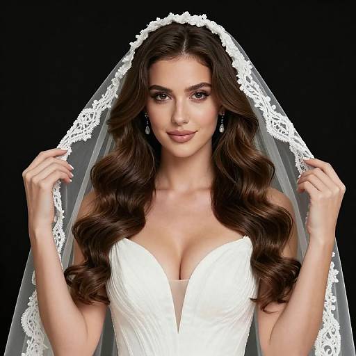 Photograph of a beautiful brunette woman with long, wavy hair, wearing a white, low-cut wedding dress and lace veil, smiling gently against a