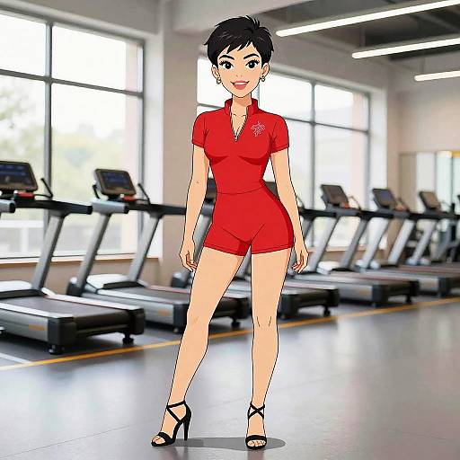 Sporty Woman in Red Romper