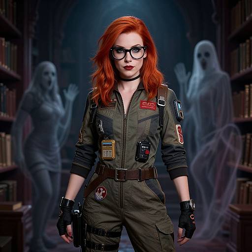 Digital illustration of a confident, red-haired woman in a green jumpsuit with gadgets, black gloves, and glasses, facing two ghostly figures in a