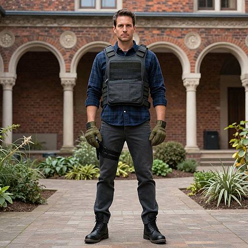 Photograph of a stern, muscular man in tactical gear, green gloves, black shirt, and pants, standing in a brick courtyard with arched columns