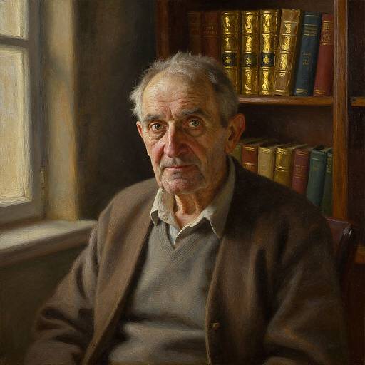 Photorealistic painting of an elderly man with gray hair and deep wrinkles, wearing a brown jacket and gray shirt, sitting in a library with booksh