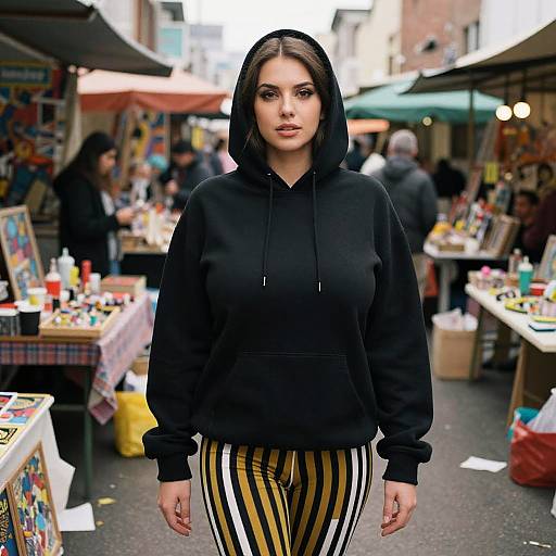 Photograph of a confident woman with dark hair, wearing a black hoodie and yellow and white striped pants, standing in a busy outdoor market with stalls and