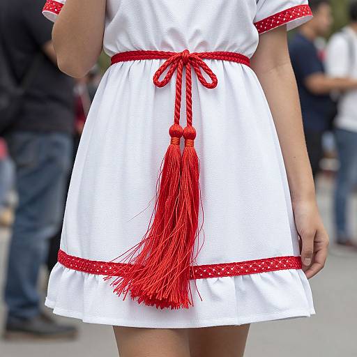 Photograph of a white dress with red polka-dot trim, red tassel, and bow, worn by a person standing outdoors.