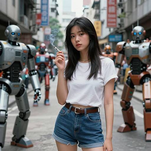 Photograph of an Asian woman with long black hair, wearing a white t-shirt and blue denim shorts, smoking a cigarette in a futuristic city street filled
