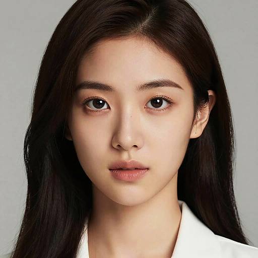 Photorealistic digital portrait of an Asian woman with long black hair, fair skin, brown eyes, and subtle makeup, wearing a white shirt, against
