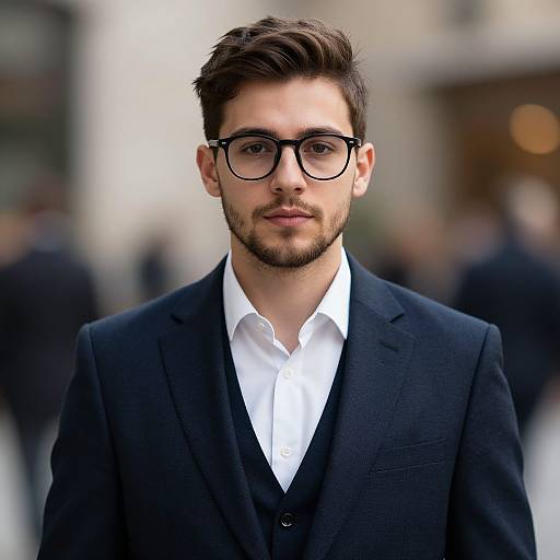 Photograph of a young, bearded man with dark brown hair, wearing black-rimmed glasses, a black suit, white shirt, and black