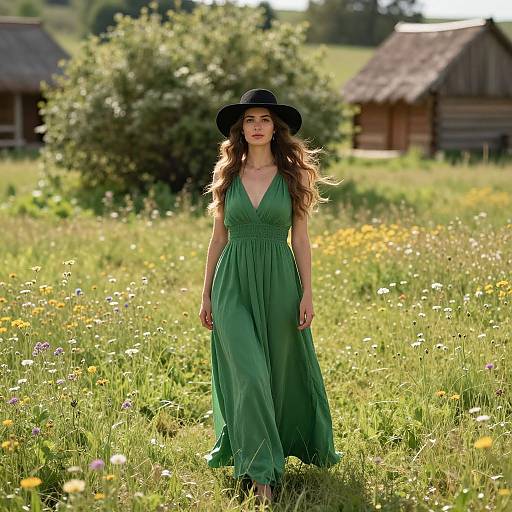 Woman in Green Dress in Nature