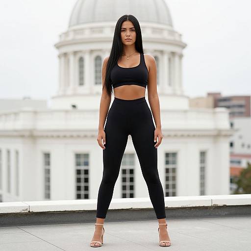 Photograph of a confident Latina woman with long black hair, wearing a black sports bra and high-waisted black leggings, standing on a rooftop with