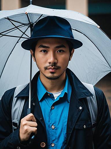 Young Asian Man Holding Umbrella in Rain