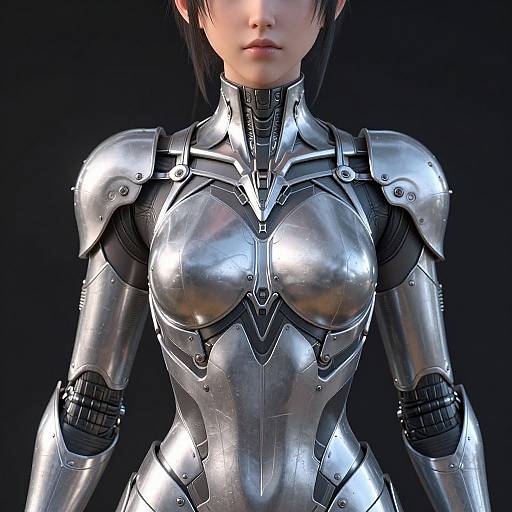 CGI image of a woman in futuristic, silver metallic armor with intricate designs, black background, face partially visible, short black hair.