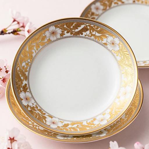 Photograph of two ornate porcelain bowls with gold floral patterns, set against a background of pink cherry blossoms.