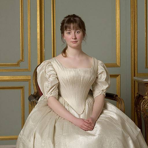 Photograph of a fair-skinned woman with dark brown hair in an 18th-century cream satin gown, seated in an ornate gold-paneled