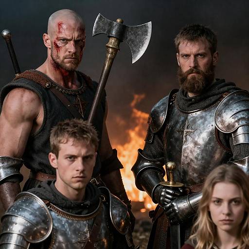 Medieval Warriors in Armor with Fiery Background