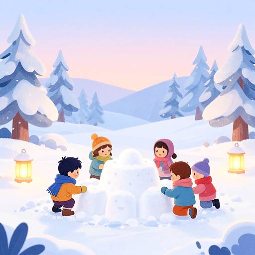 Digital illustration of five children in winter clothes playing with lanterns in a snowy forest, with snow-covered trees and a glowing sunset in the background.