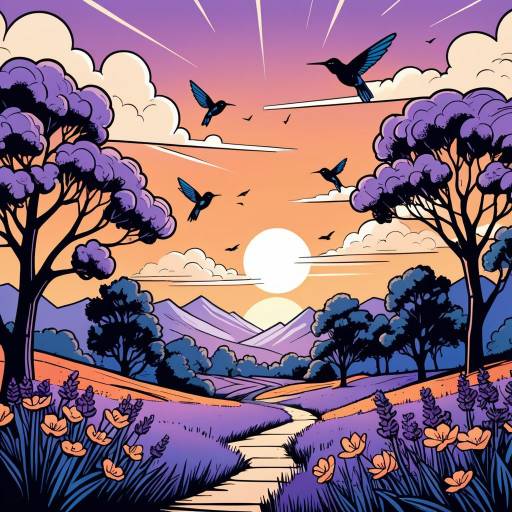 Stylized Sunset Landscape with Hummingbirds
