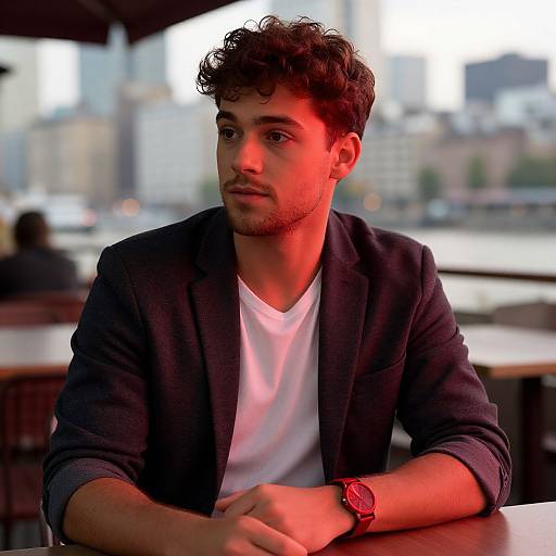 Photograph of a young man with curly dark hair, light skin, wearing a black blazer over a white tee, red watch, sitting at a