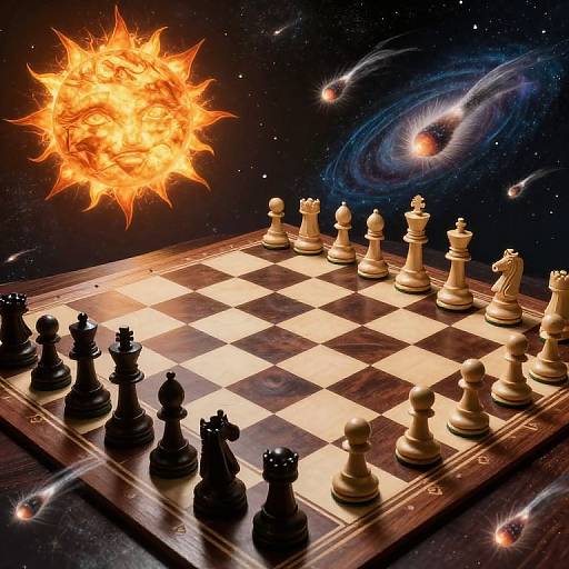 Photorealistic digital artwork of a chessboard with black and white pieces, floating in space with a fiery sun and galaxies, and shooting stars in the
