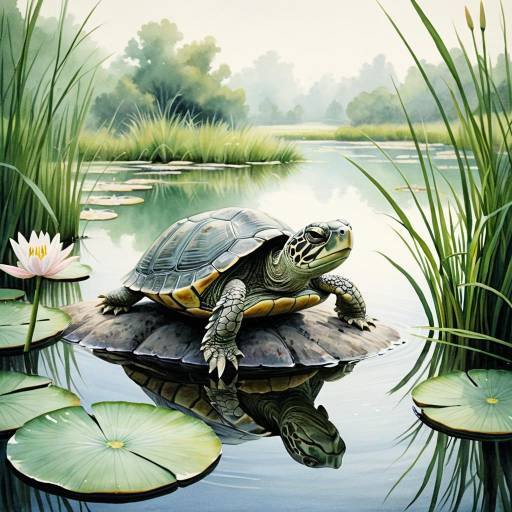 Gentle Turtle on Lily Pond