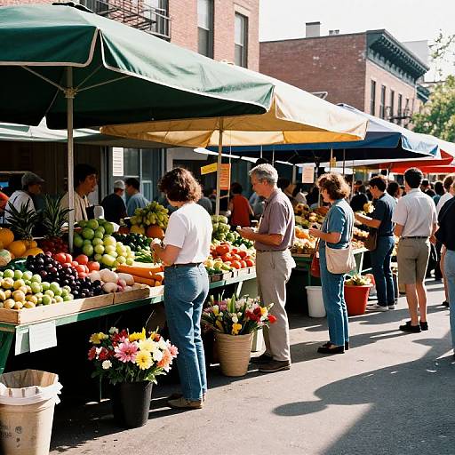 Photograph of a busy outdoor market with green and yellow awnings, shoppers browsing colorful fruits and vegetables, and blooming potted flowers.