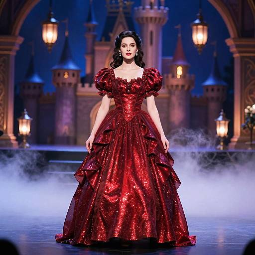 Woman in Red Sparkly Victorian Dress on Magical Stage