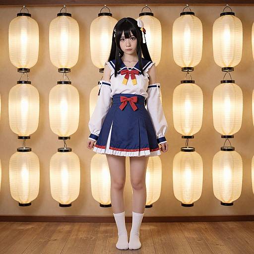 Photograph of an Asian woman in a Japanese schoolgirl cosplay, white blouse, navy skirt, red bow, black hair, standing in front of illuminated