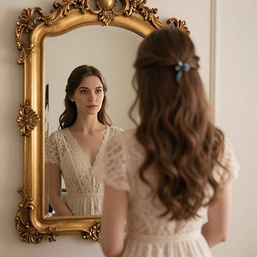 Photograph of a woman with long brown hair, wearing a lace, deep V-neck, cream dress, standing before an ornate gold-framed mirror
