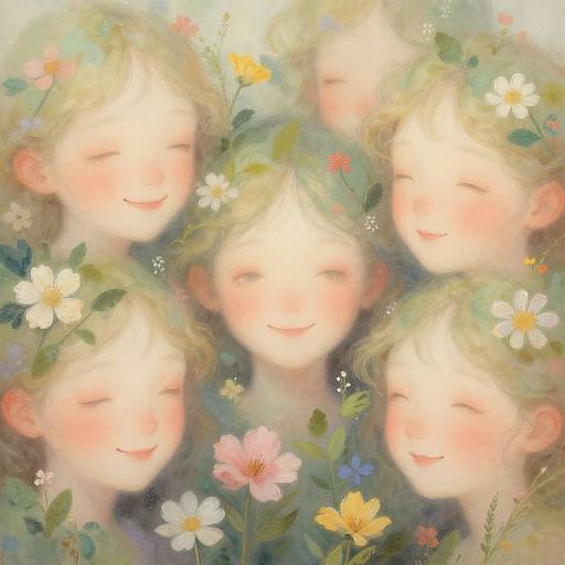 Digital painting of five smiling, blonde, fair-skinned children with closed eyes, surrounded by colorful flowers, creating a soft, dreamy, and eth