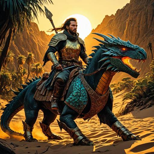 Fantasy Warrior Riding Sand Wyvern at Sunset