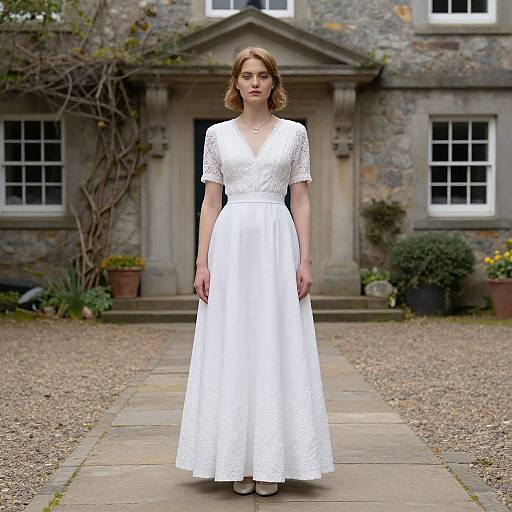 Photograph of a red-haired woman in a white lace wedding dress standing on a gravel path in front of a stone mansion.