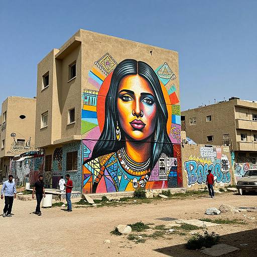 Photograph of vibrant graffiti mural on a beige, abandoned building featuring a colorful, stylized woman with long black hair and jewelry, surrounded by people in