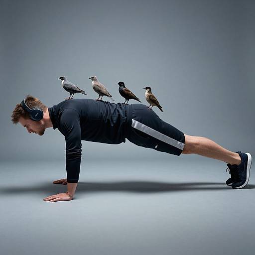 Photograph of a bearded man in black workout clothes, headphones, and sneakers, doing a plank with five birds perched on his back. Gray
