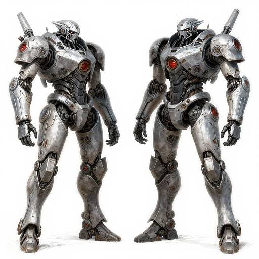 Digital illustration of two identical, silver metallic robots with red eye-lights, standing back-to-back against a white background. Robotic design features detailed joints