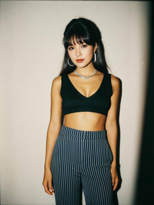 Contemporary Casual Woman in Crop Top and Striped Trousers