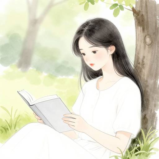 Digital anime-style drawing of a young woman with long black hair, wearing a white dress, reading a book under a tree in a bright, sunlit