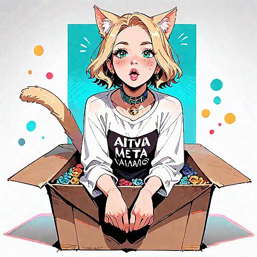 Blonde Cat Girl in a Colorful Box