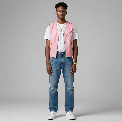 Young Man in Pink Leather Vest and Jeans
