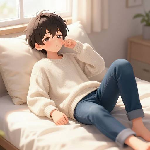 Anime-style digital art of a black-haired boy with brown eyes, wearing a white sweater and blue jeans, lying on a sunlit bed, smiling softly