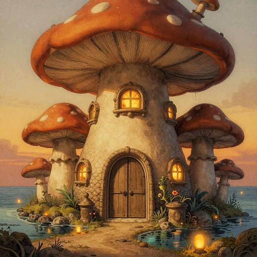 Whimsical digital painting of a mushroom house with glowing windows, arched wooden door, surrounded by water, rocks, and lit lanterns at sunset