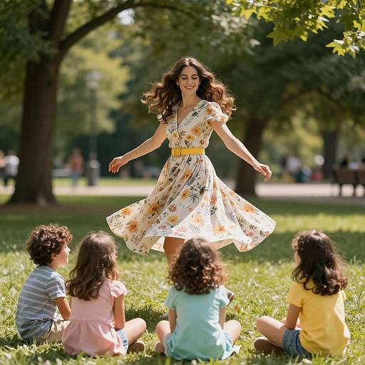 Sunlit Park: Woman Twirling, Children Watching