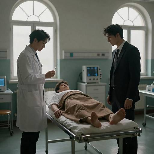 Dimly Lit Clinical Scene with Three Men