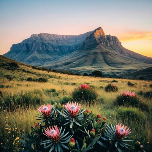 Drakensberg Mountains with Wild Protea Flowers at Sunrise