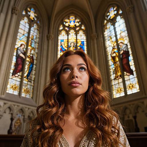 Woman in Gothic Cathedral with Stained Glass Windows