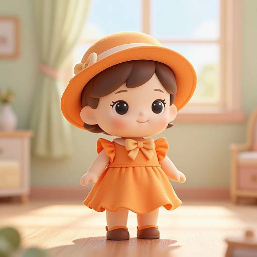Digital CGI image of a cute, chibi-style doll with large eyes, wearing an orange dress, hat, and bow, standing in a sunlit