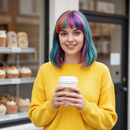 Photograph of a smiling young woman with vibrant blue and pink hair, wearing a bright yellow sweater, holding a white cupcake in a bakery. Background