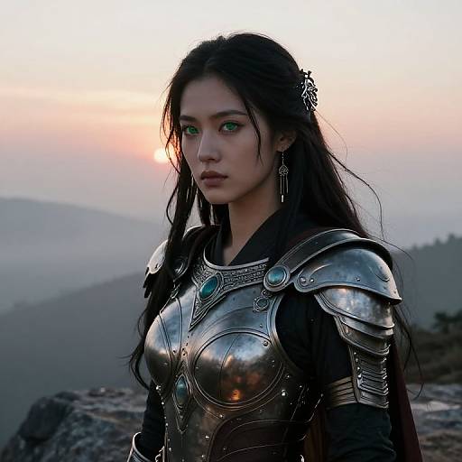 Photorealistic digital art of a serious, green-eyed, dark-haired woman with silver armor and teal gem, standing against a sunset mountain backdrop.